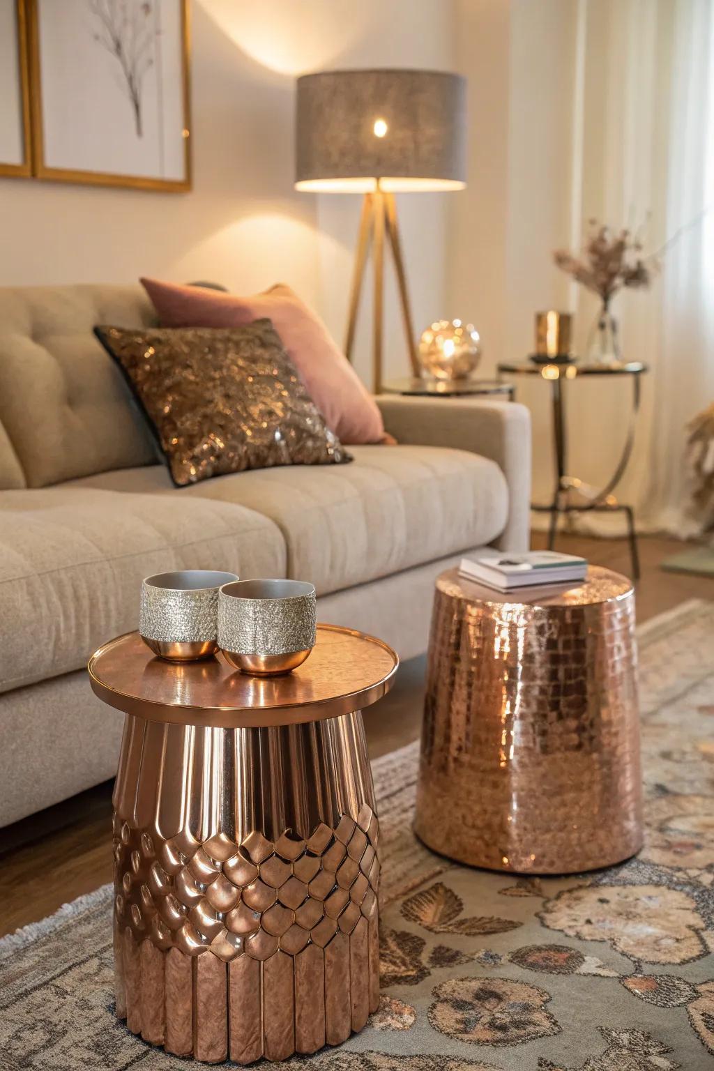 Shimmering detail tables in sunset sheen offer usefulness and design.