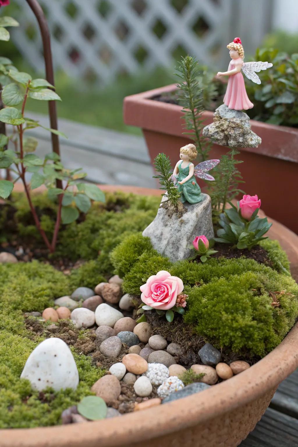 Craft a magical realm using sun rose in a miniature fairy garden.