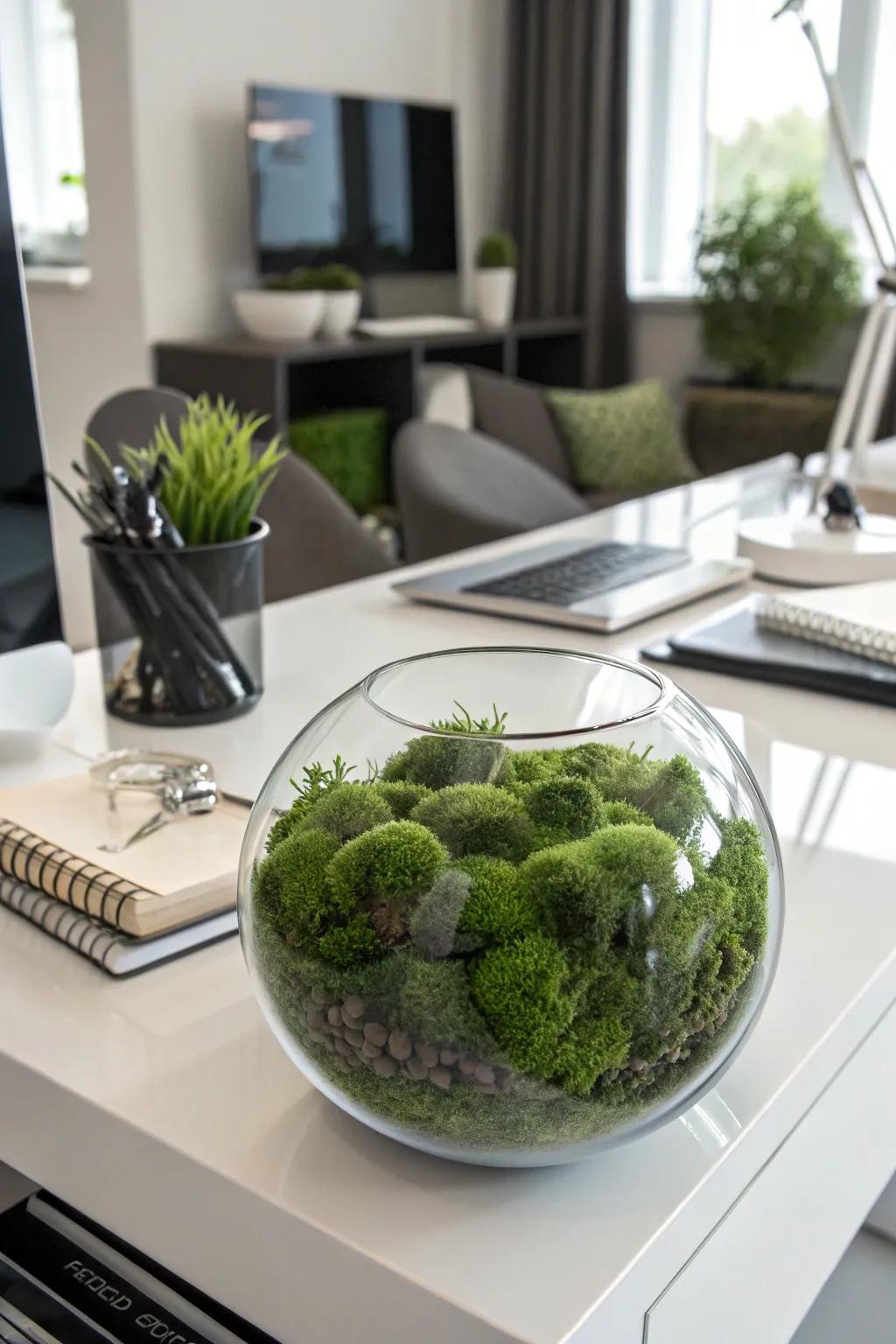 Artificial moss in a glass bowl offers a lush and green decorative touch.