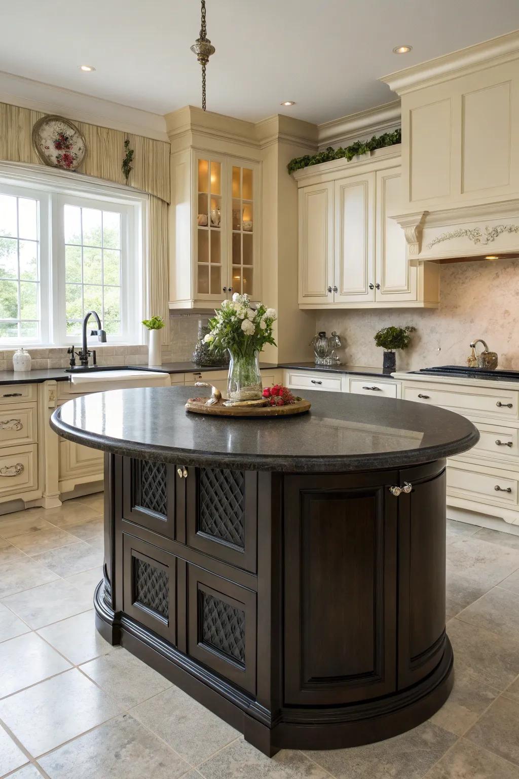 Dark shades bring impact and sophistication into a circular kitchen island.