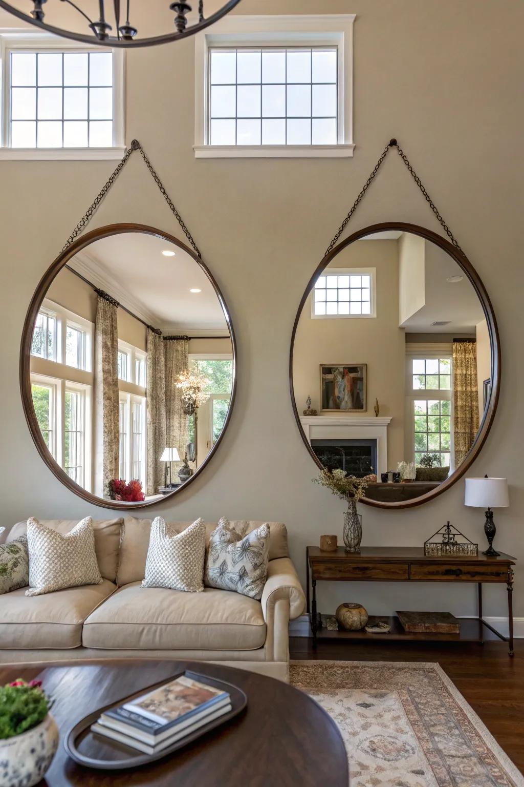 Pair of circular mirrors providing symmetry in a large living room.