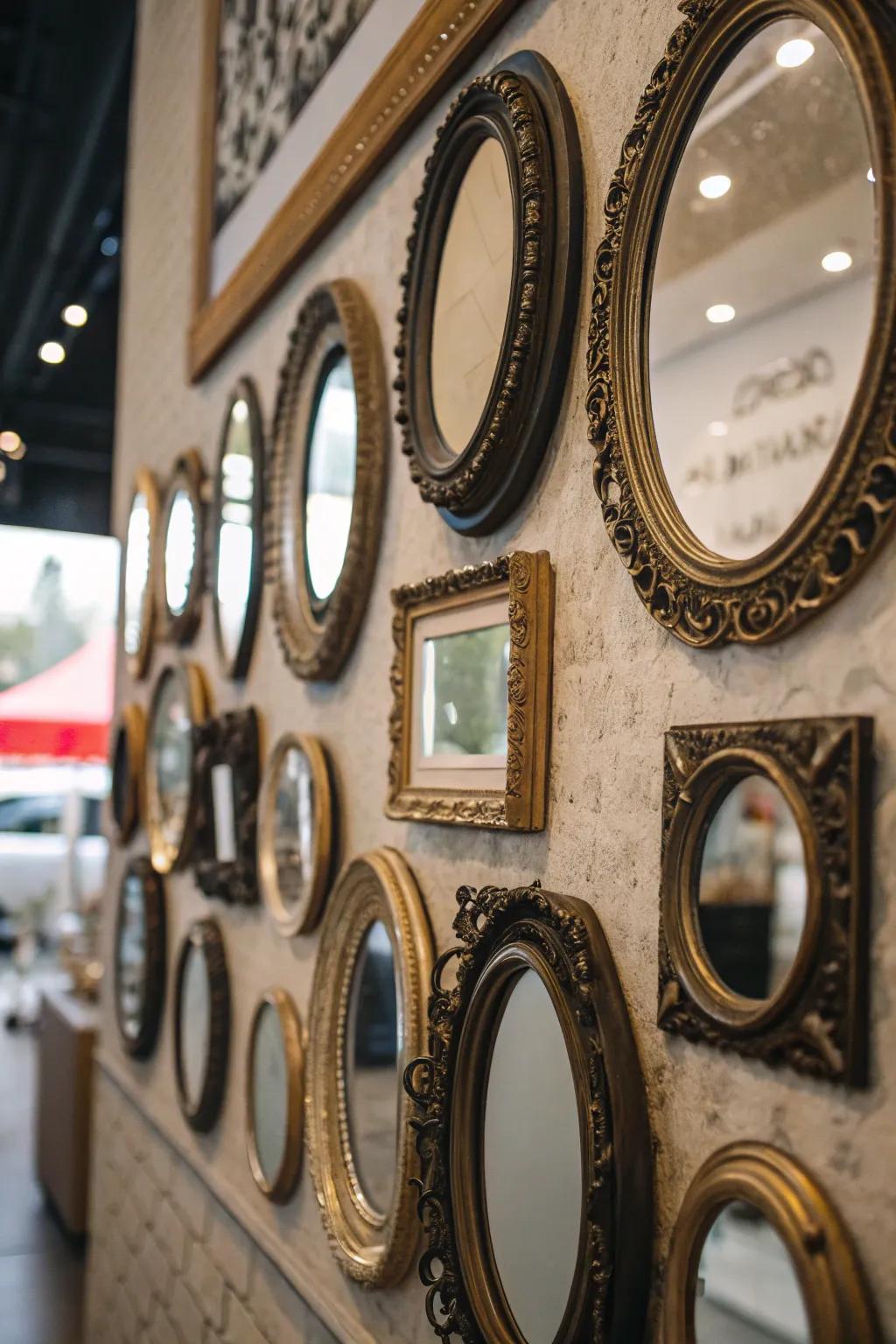 A wall featuring a collection of nostalgic circular reflections with ornate frames.