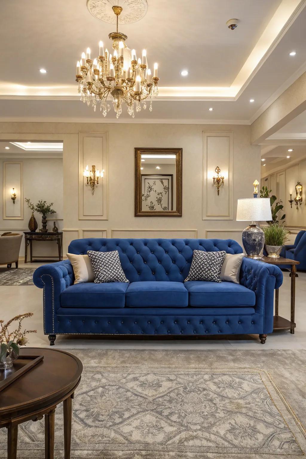 A balanced arrangement enhances the sapphire-colored couch's presence in the room.