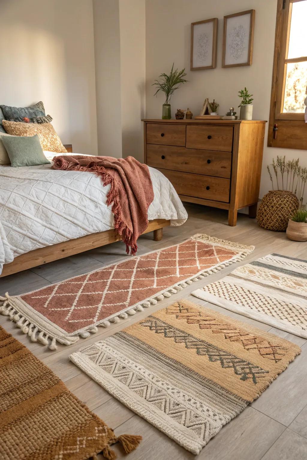 Layering rugs achieves a dynamic and textured aesthetic.
