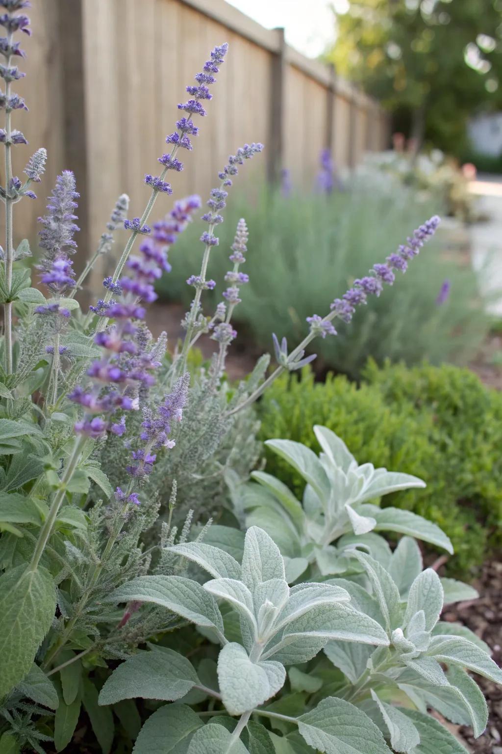 A texture-filled garden displaying Azure blooms and woolly lambs.