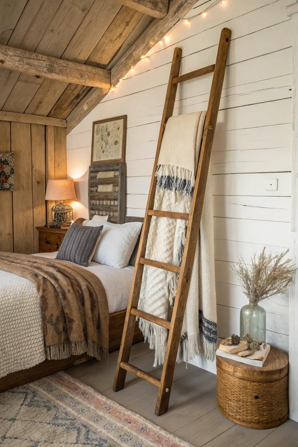 Repurposed furniture brings unique character to this rustic bedroom.
