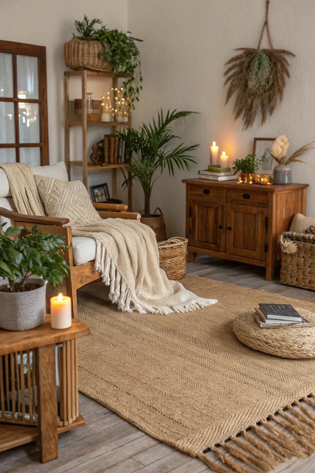 A living room anchored by a natural fiber ground covering.