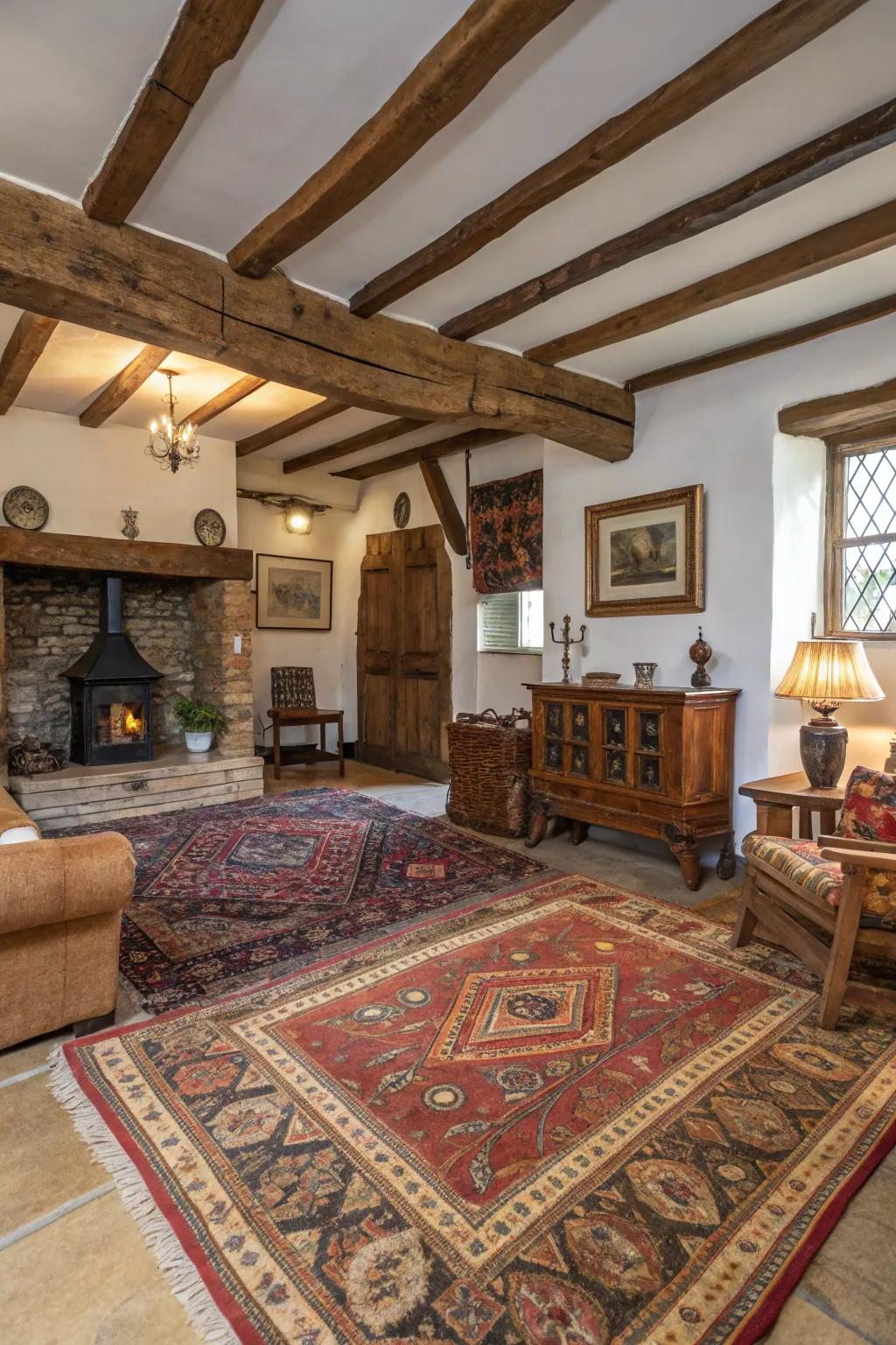 Vintage floor coverings deliver warmth and distinctiveness to this family room.