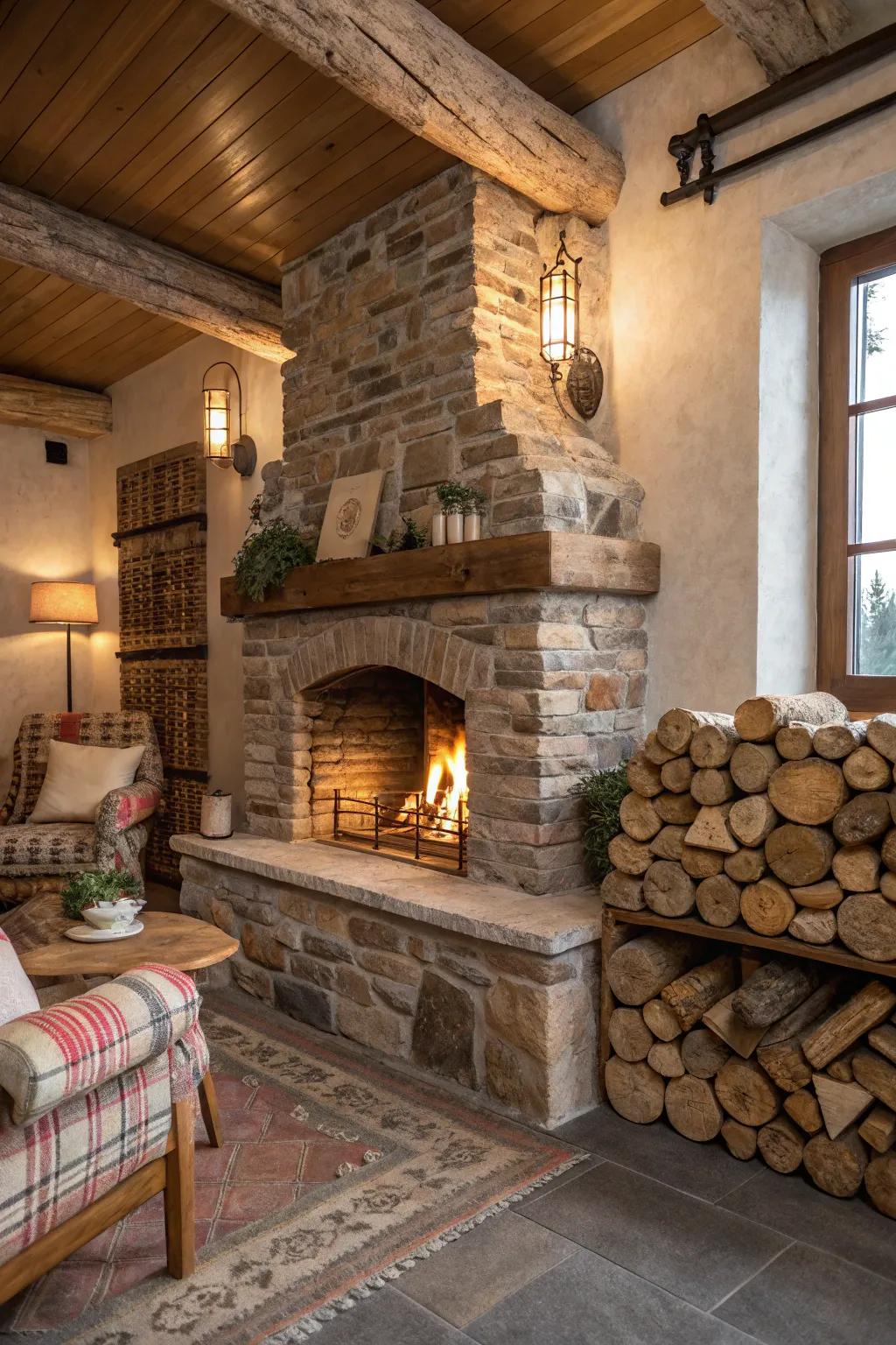 Integrated log safekeeping includes practicality and charisma to this fireplace.