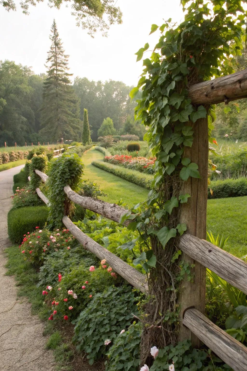Twining vines drape over a log fence, forming a living, breathing framework.