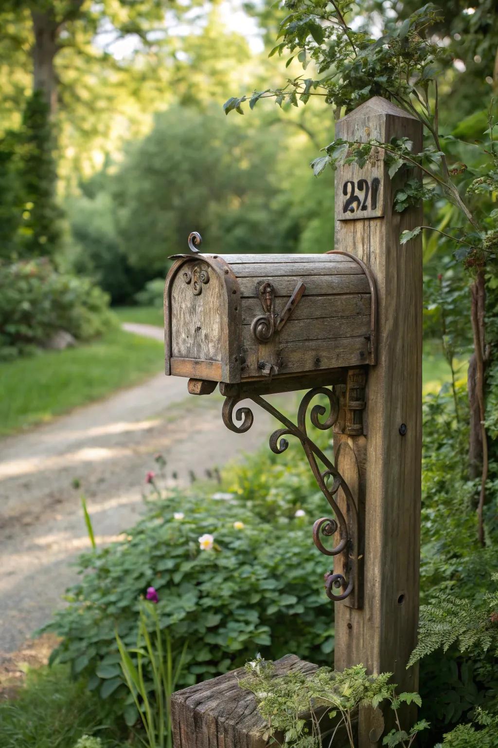 Antique hardware imparts elegance to this rustic mailbox support.