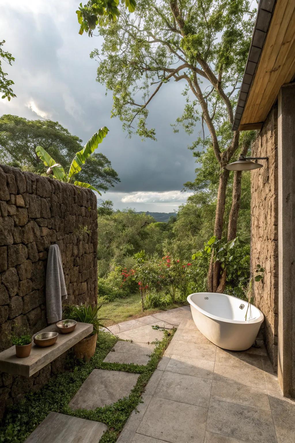 A stone wall backing introduces depth and rustic charm.