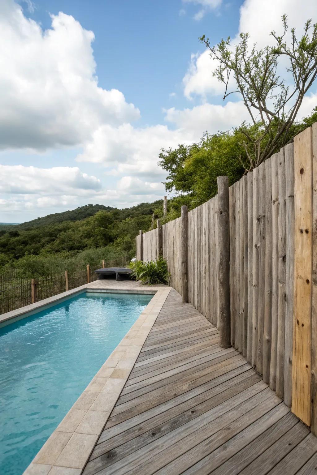 Reclaimed timber segments transferring vintage charm to the poolside.