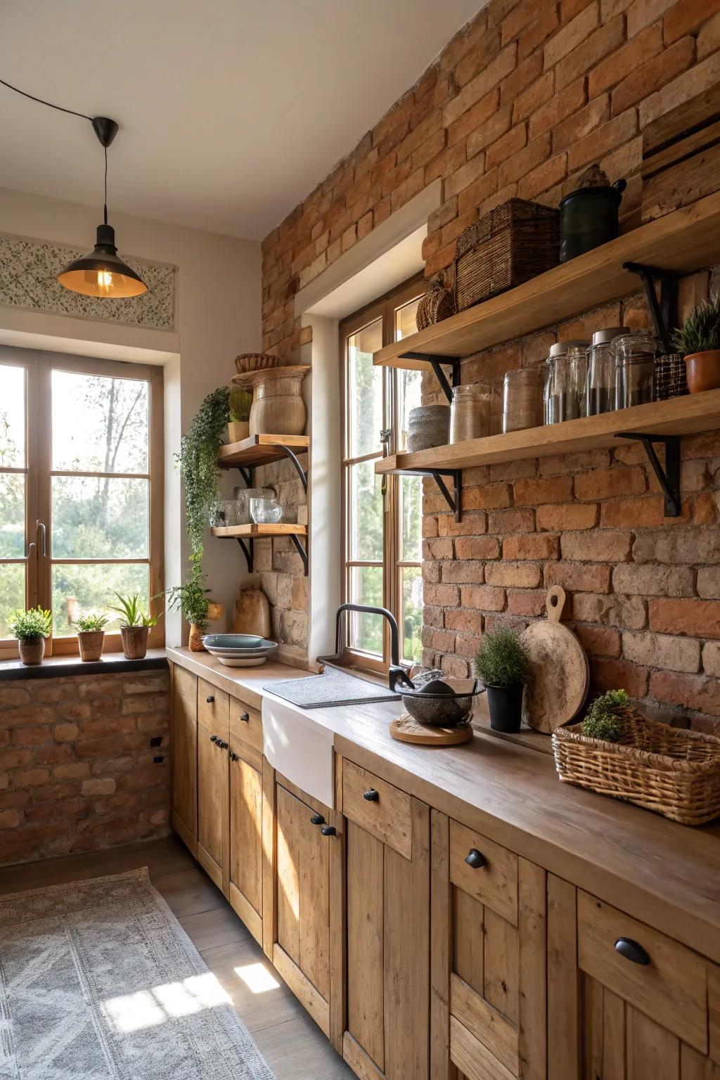 A brick feature wall enriches the kitchen with depth and warmth.