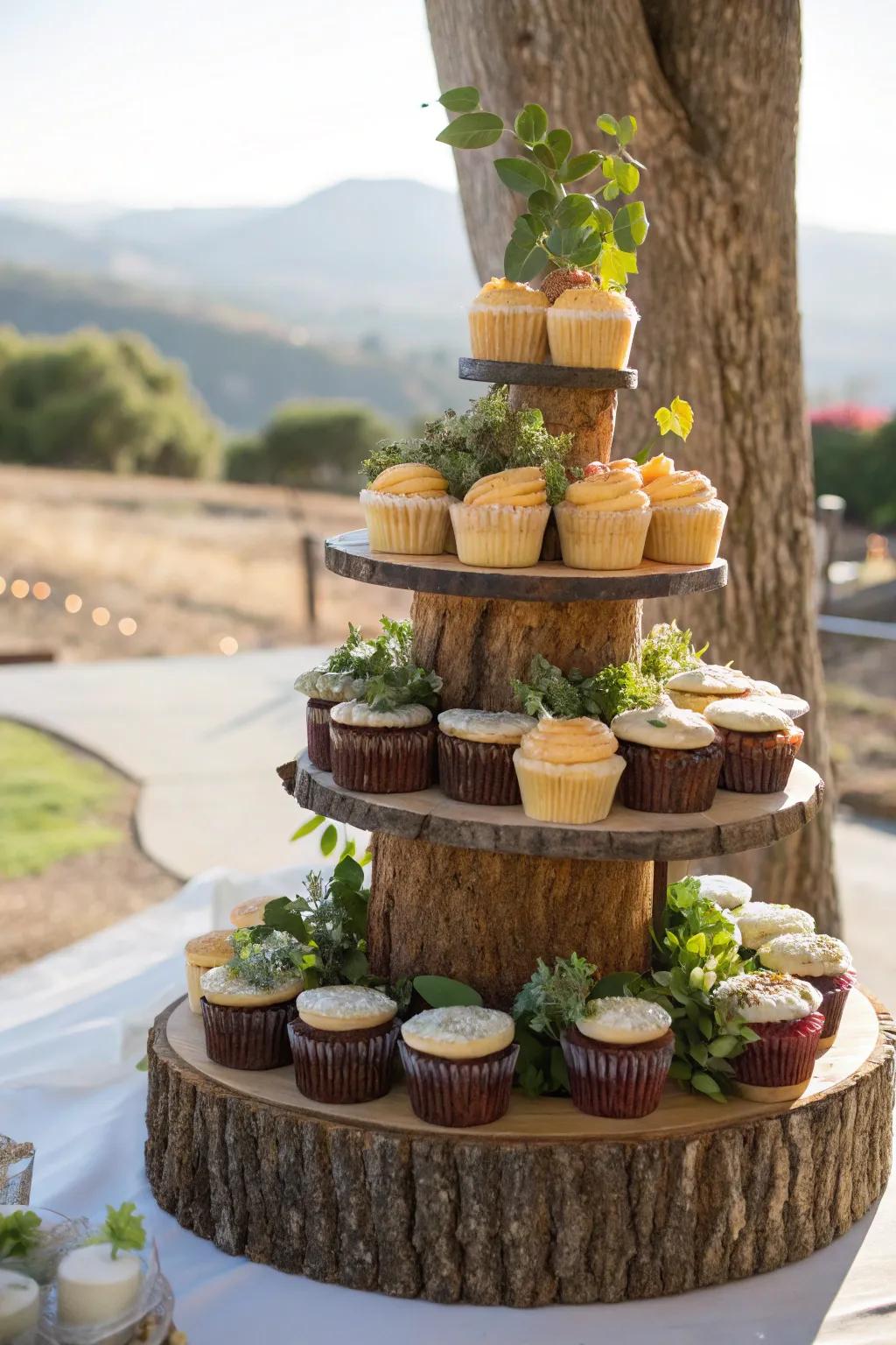 Layered wood disks create a vibrant cake presentation.