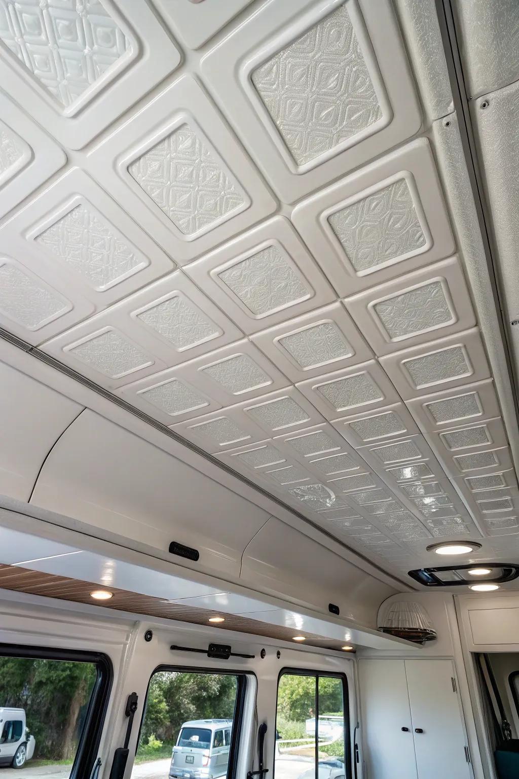 Styrofoam tiles offer a lightweight and stylish ceiling solution.