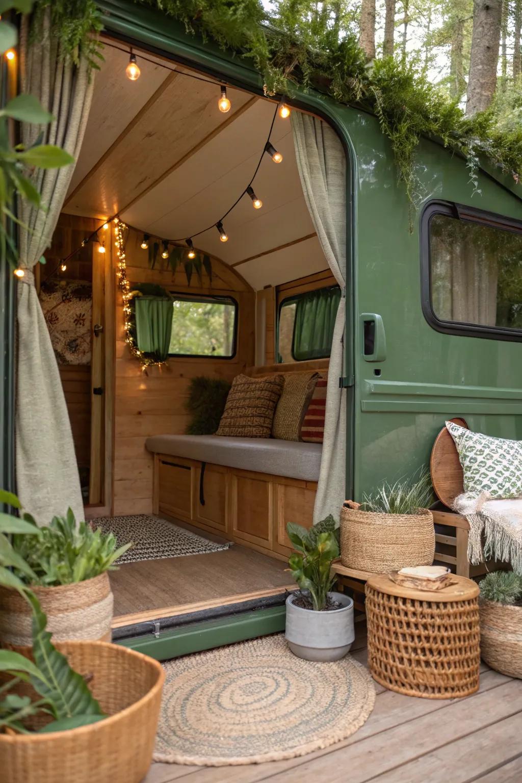 Organic greens craft a soothing, nature-inspired RV interior.