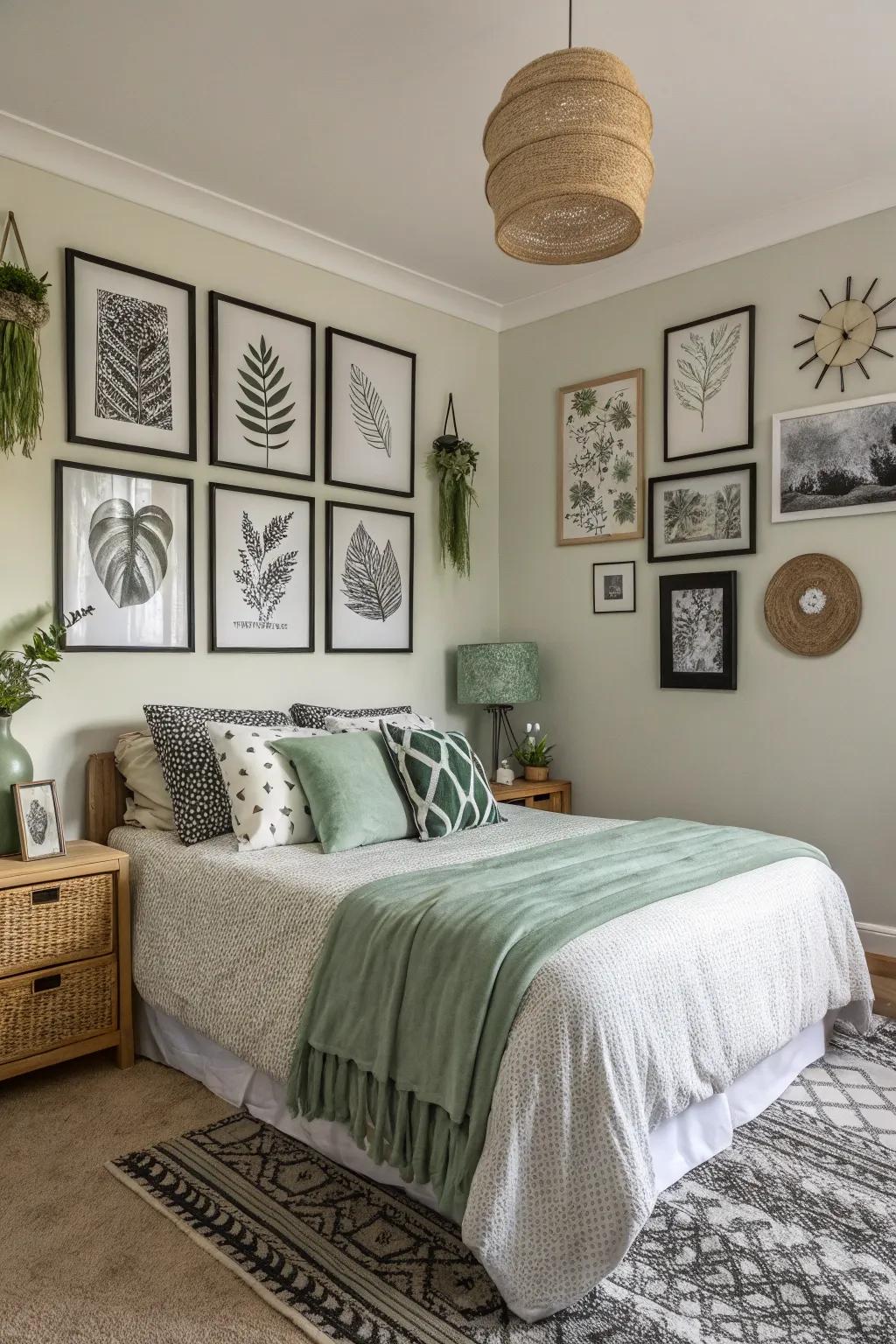 Varied wall artistic displays add personality and depth to a calming bedroom area.