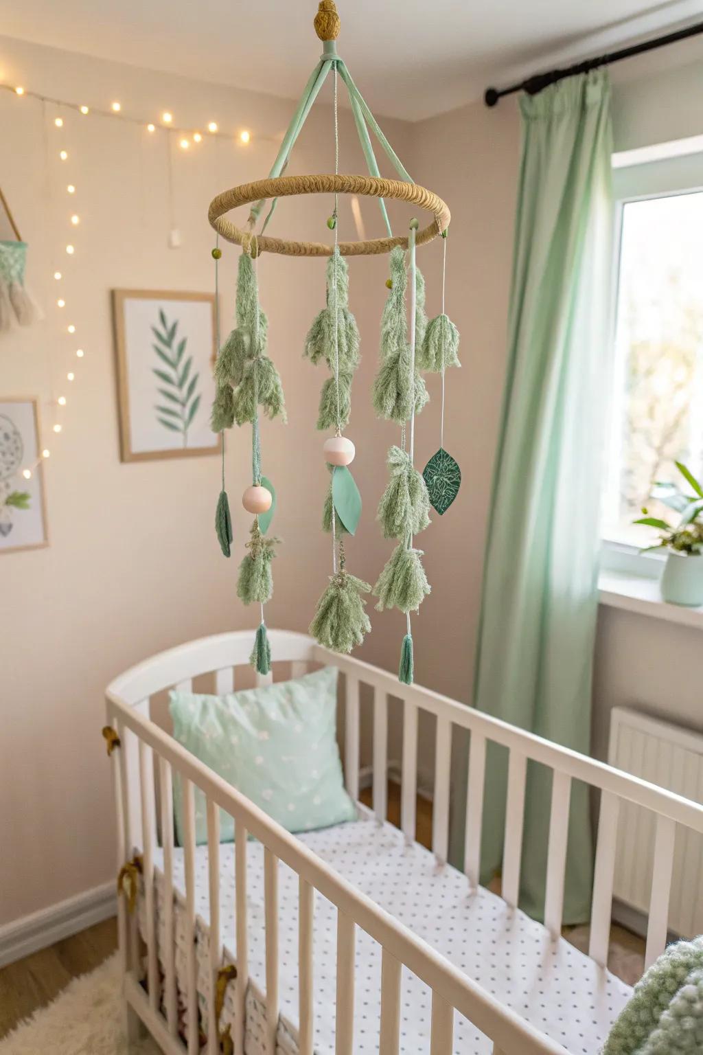 A DIY mobile adds lively visual interest to a verdant mist nursery.
