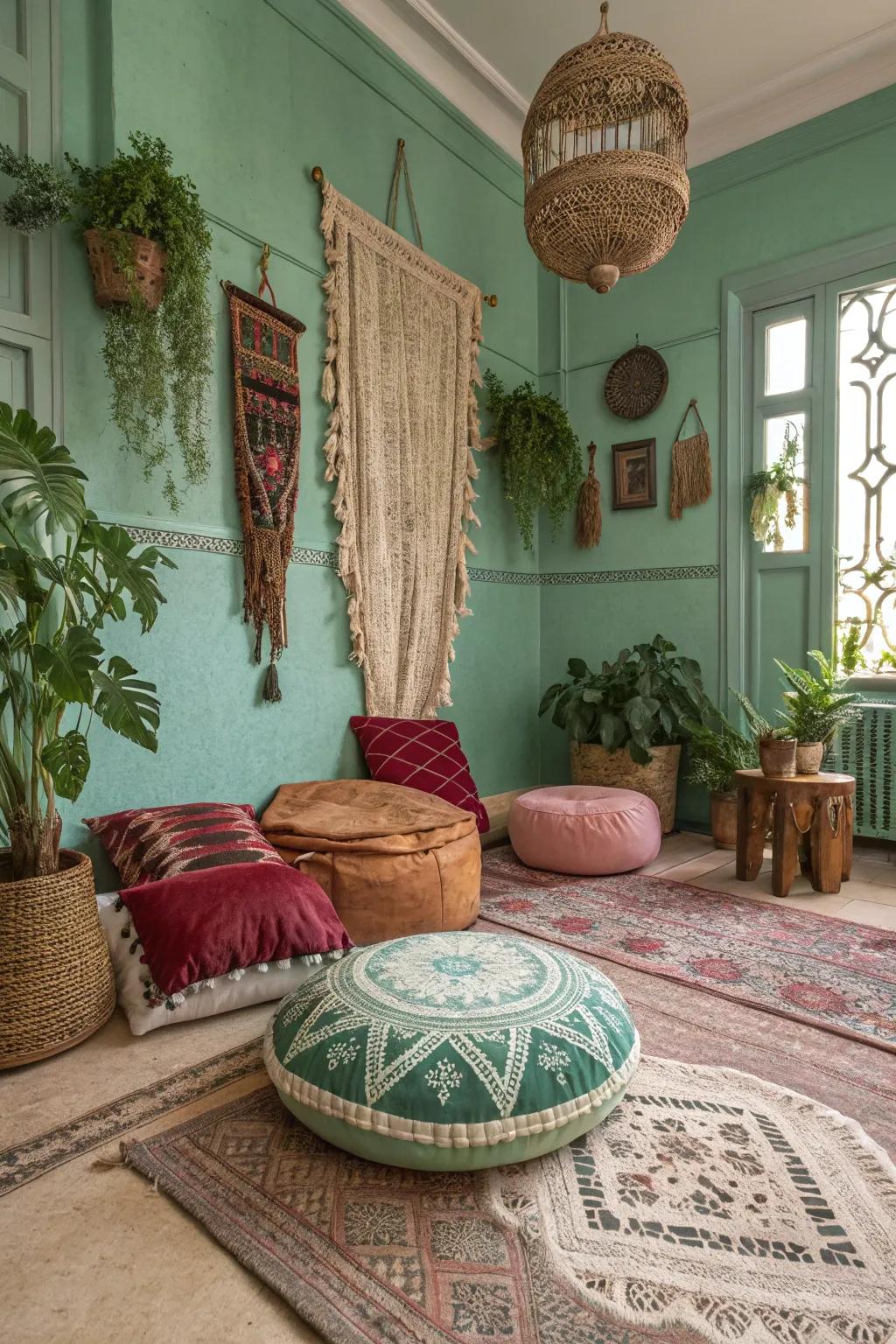A bohemian-inspired sanctuary adorned with intimate seafoam green walls and eclectic décor.