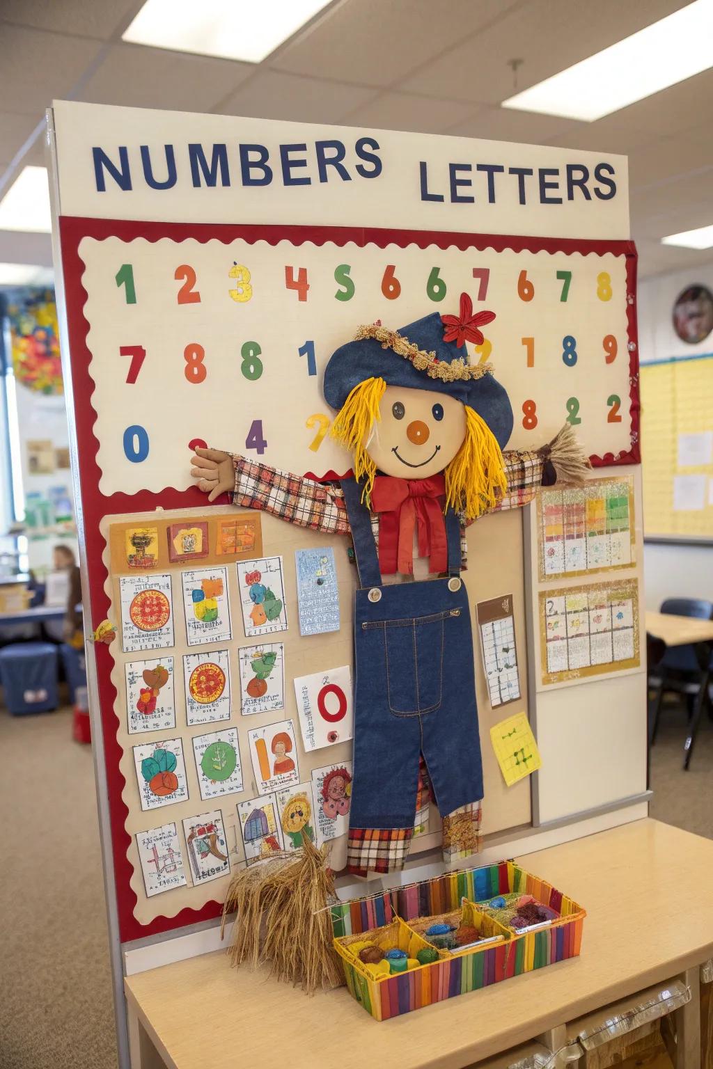 A scarecrow-themed bulletin board incorporating educational elements.