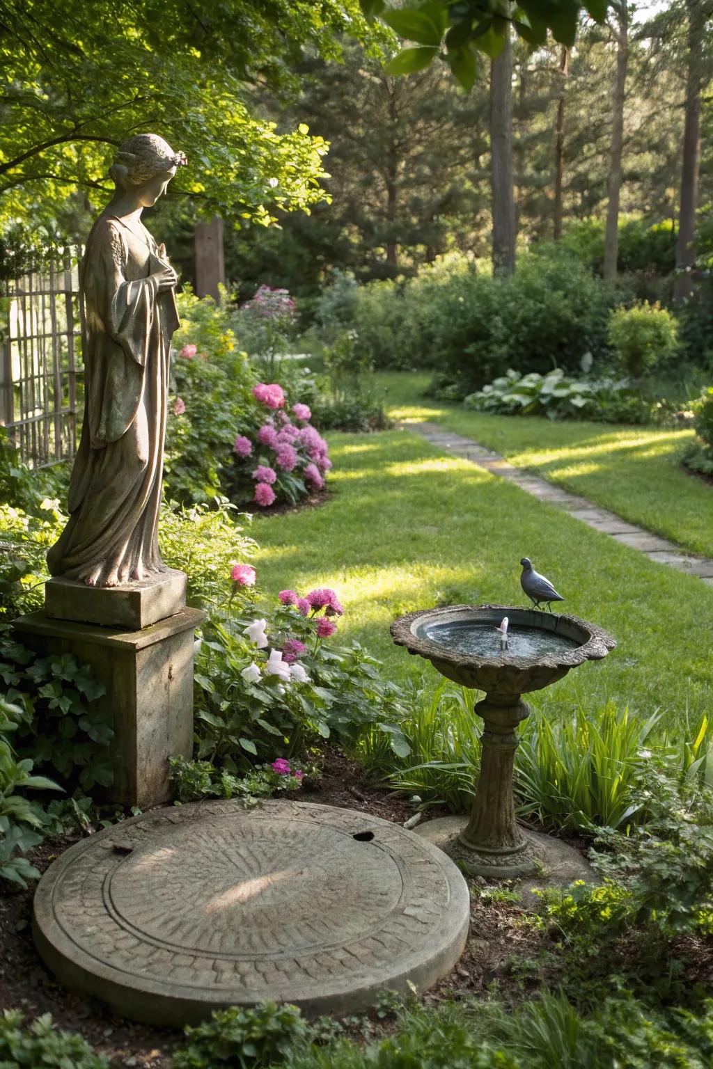 Sculptures and birdbaths establish refined garden highlights.