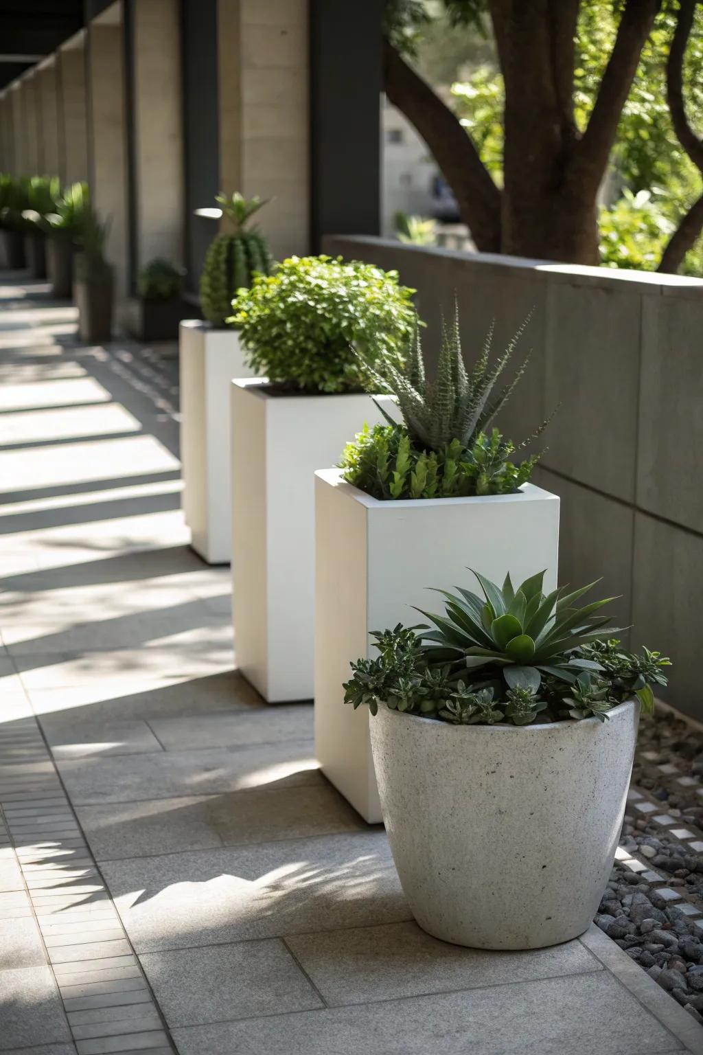 A shaded area featuring contemporary understated containers with monochromatic flora.