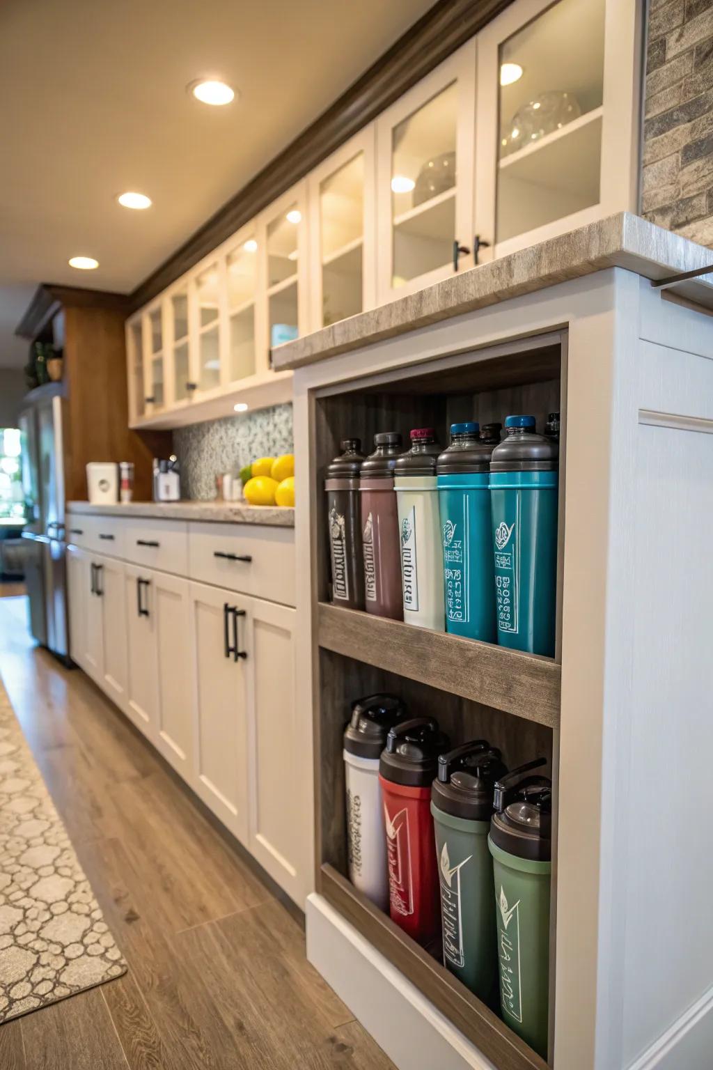 A custom built-in niche provides a tailored storage solution for mixing containers.