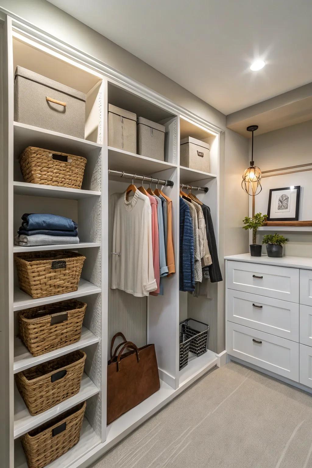A collaborative closet making use of every niche with astute storage solutions.