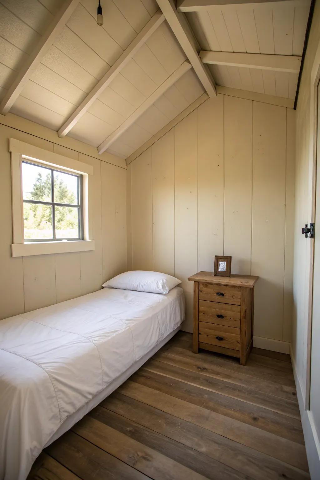 Minimalist design makes a tidy and peaceful shed bedroom.