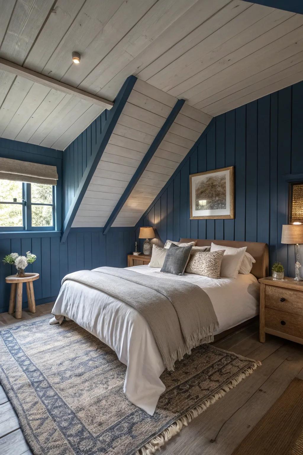 A tranquil deep blue shed ceiling within a snug bedroom.