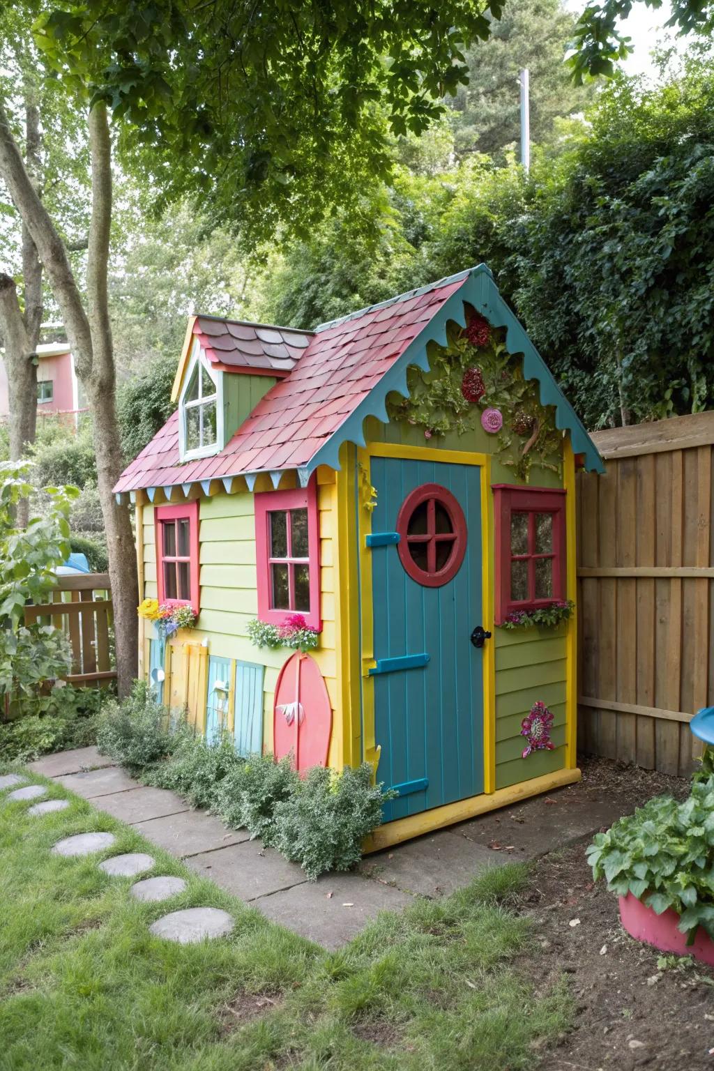 A garden shed designed as a vibrant playhouse for children.
