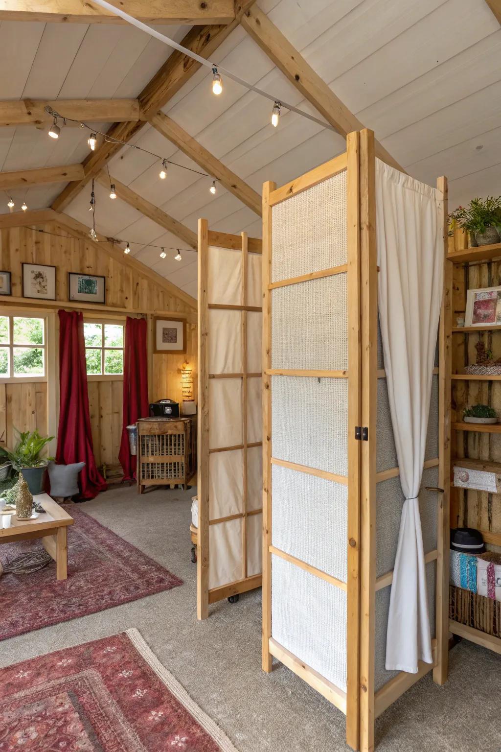 A garden shed home interior featuring creative space dividers for defined areas.