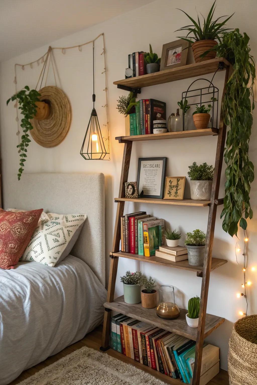 Shelves arranged asymmetrically add a dynamic touch.