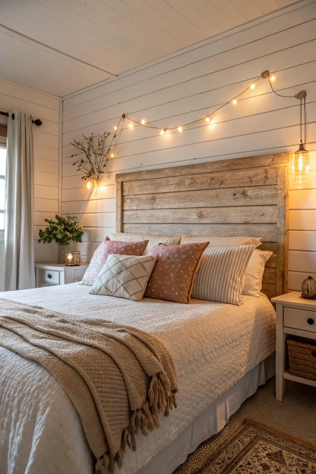 A shiplap headboard wall incorporates texture and allure into your bedroom.
