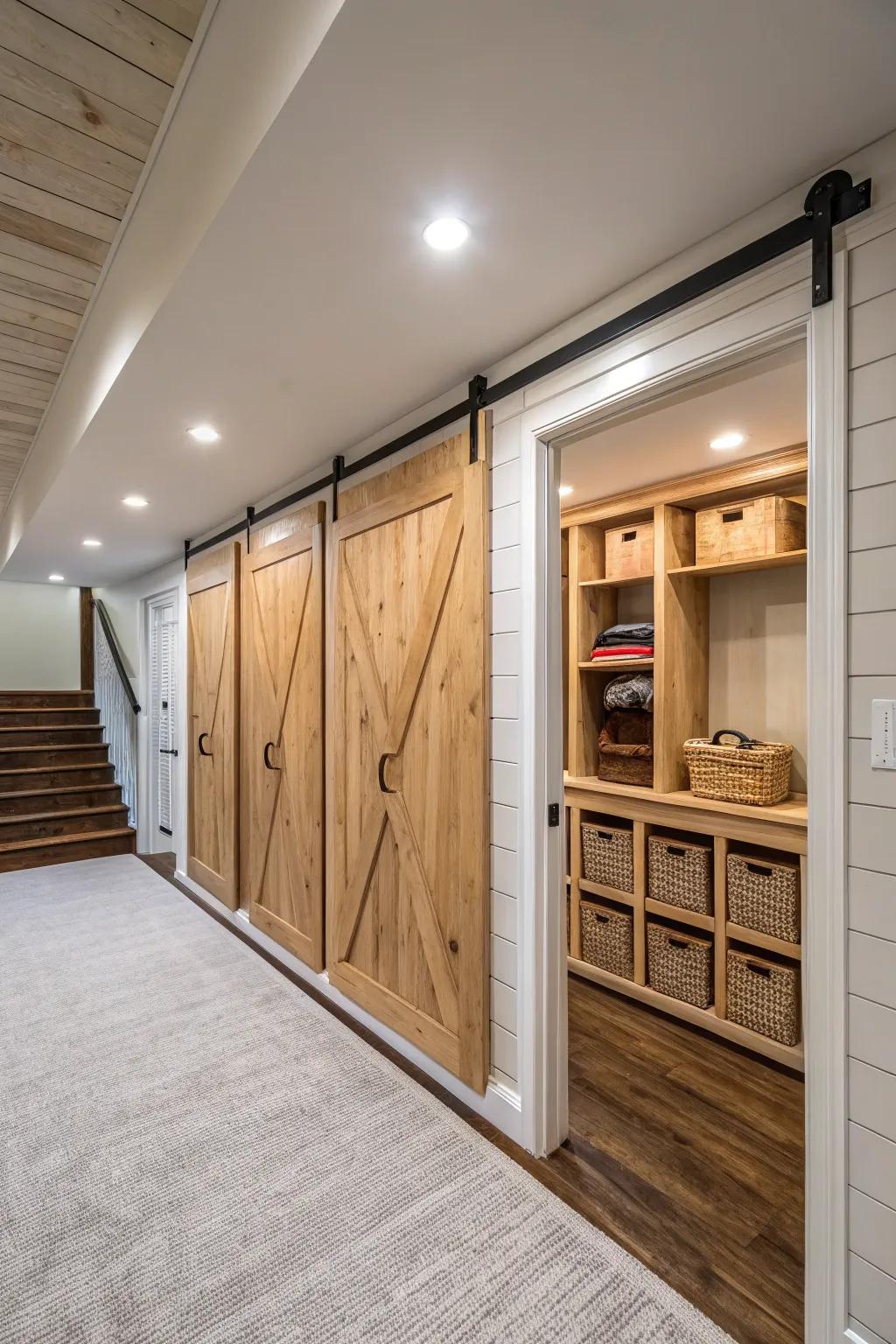 A basement showcasing grooveboard walls featuring concealed storage solutions.