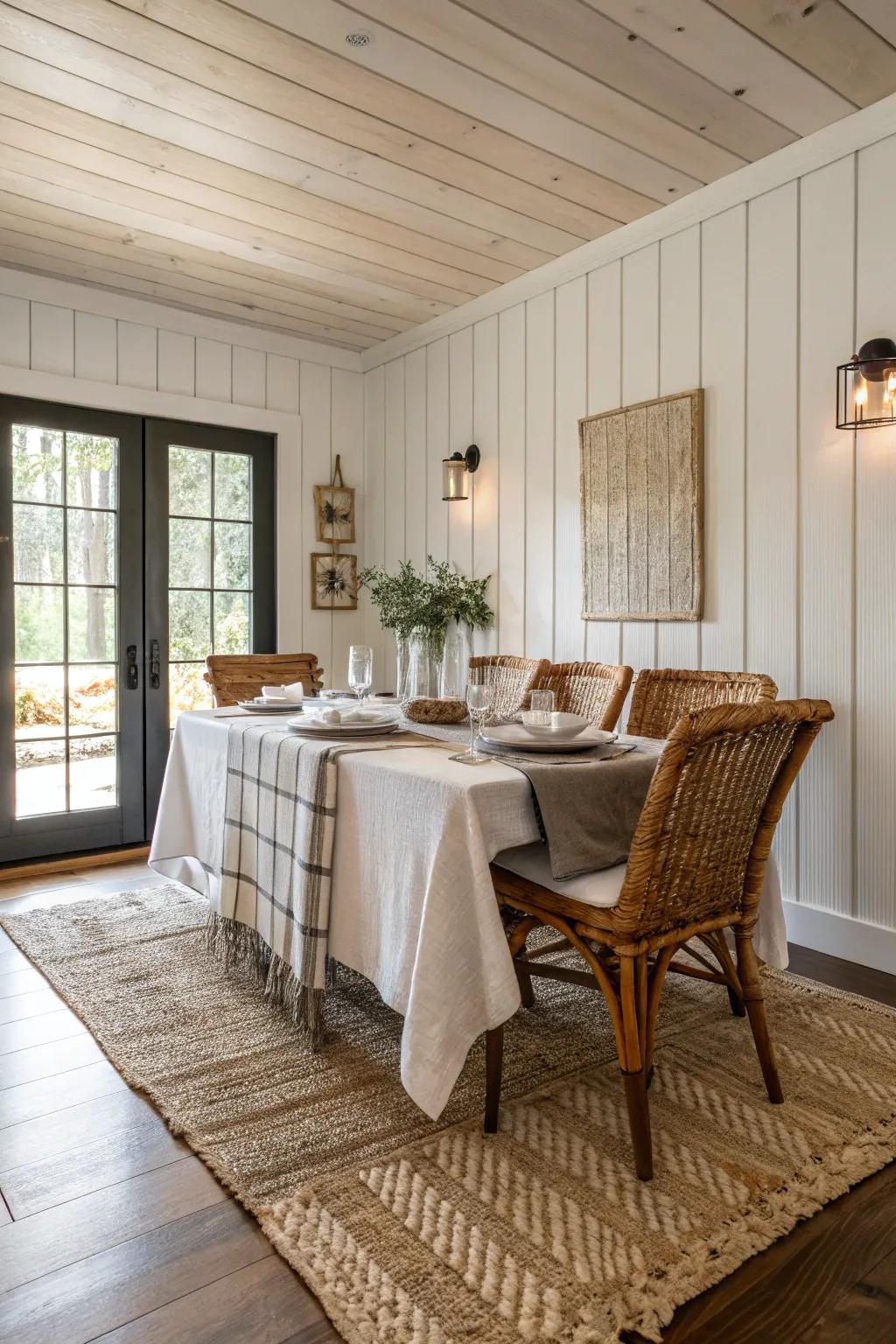 A dining room that features layered textures and shiplap walls.
