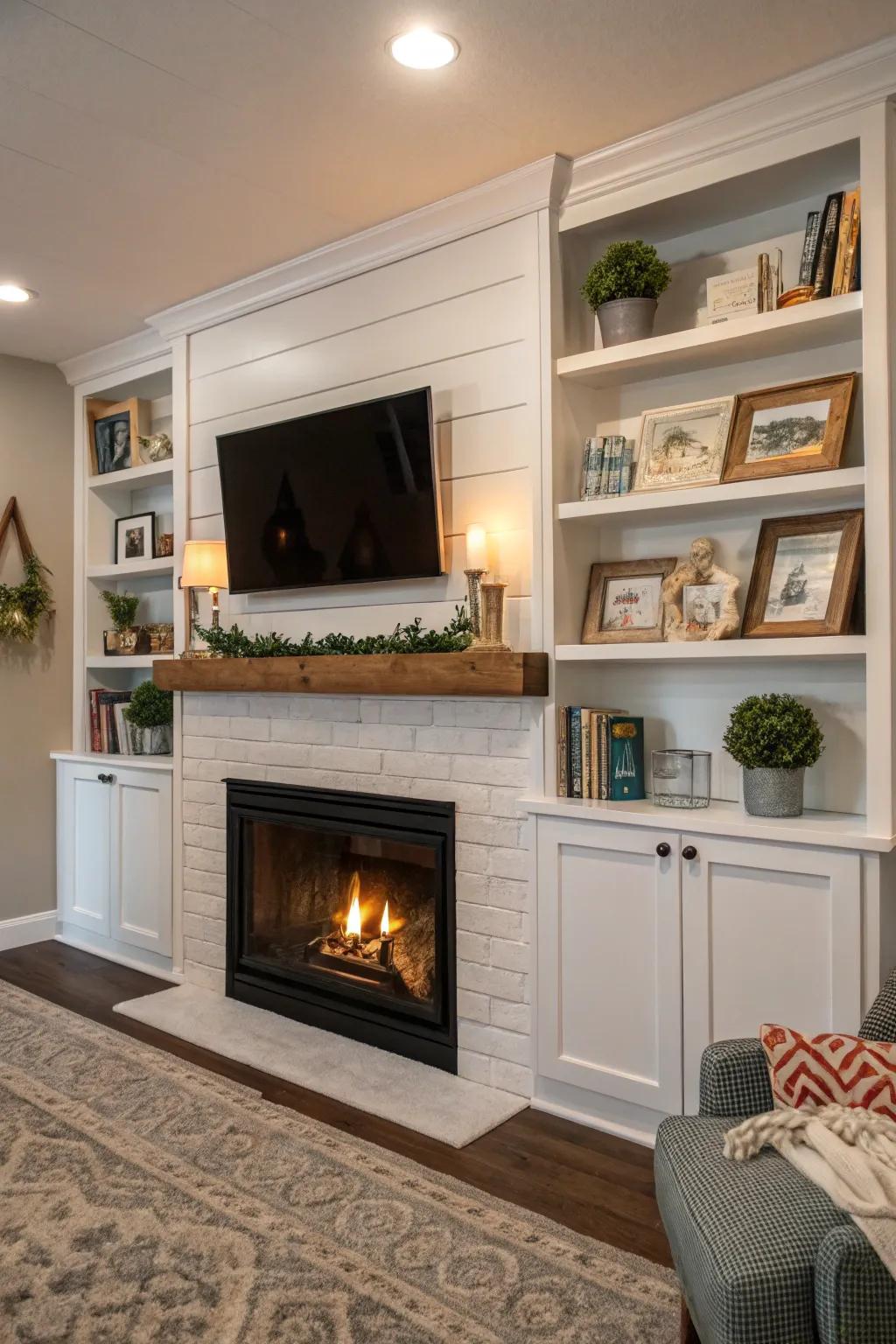 Built-in shelving adds practicality and personal style to the shiplap fireplace.