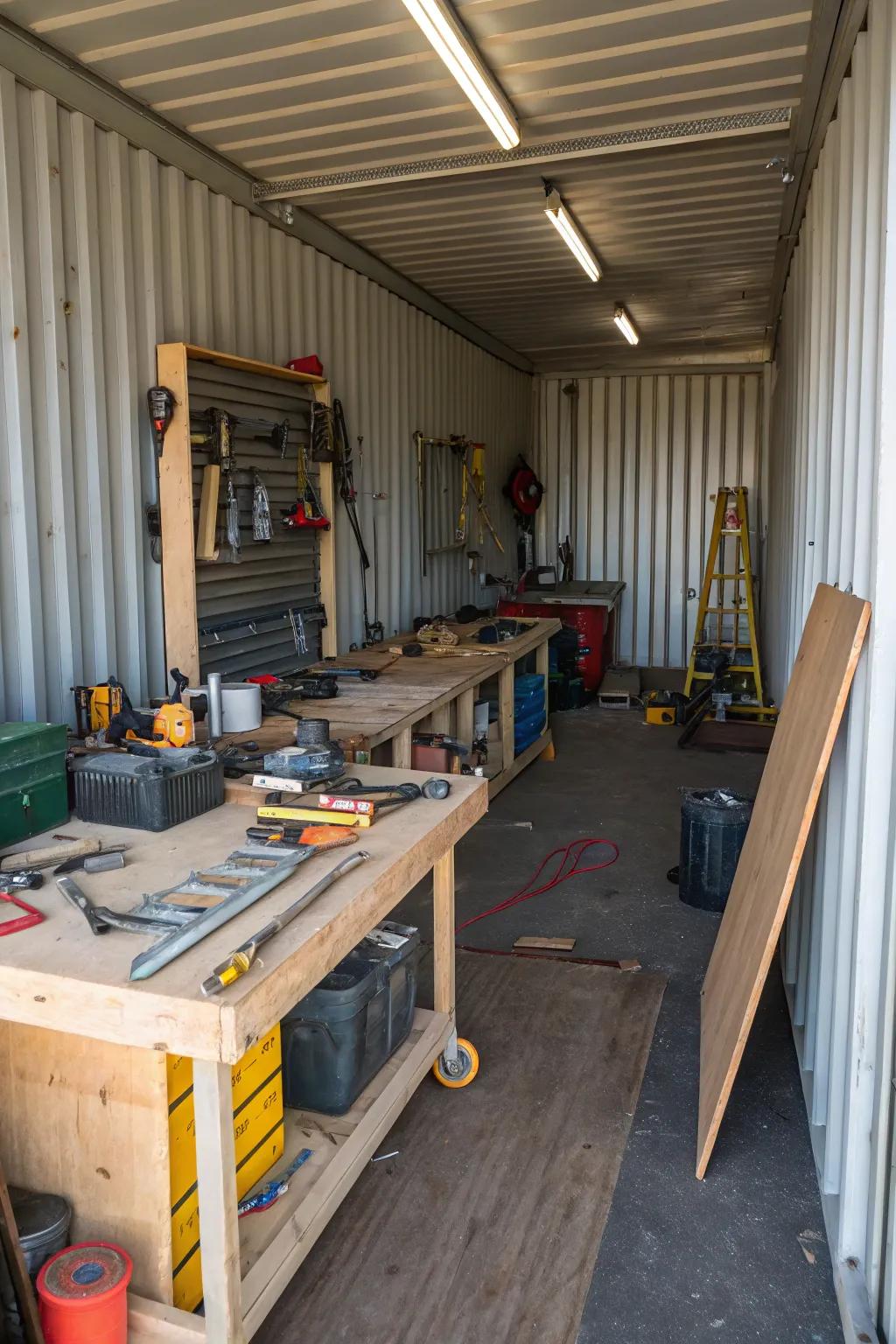 A lively workshop inside a shipping container barn.