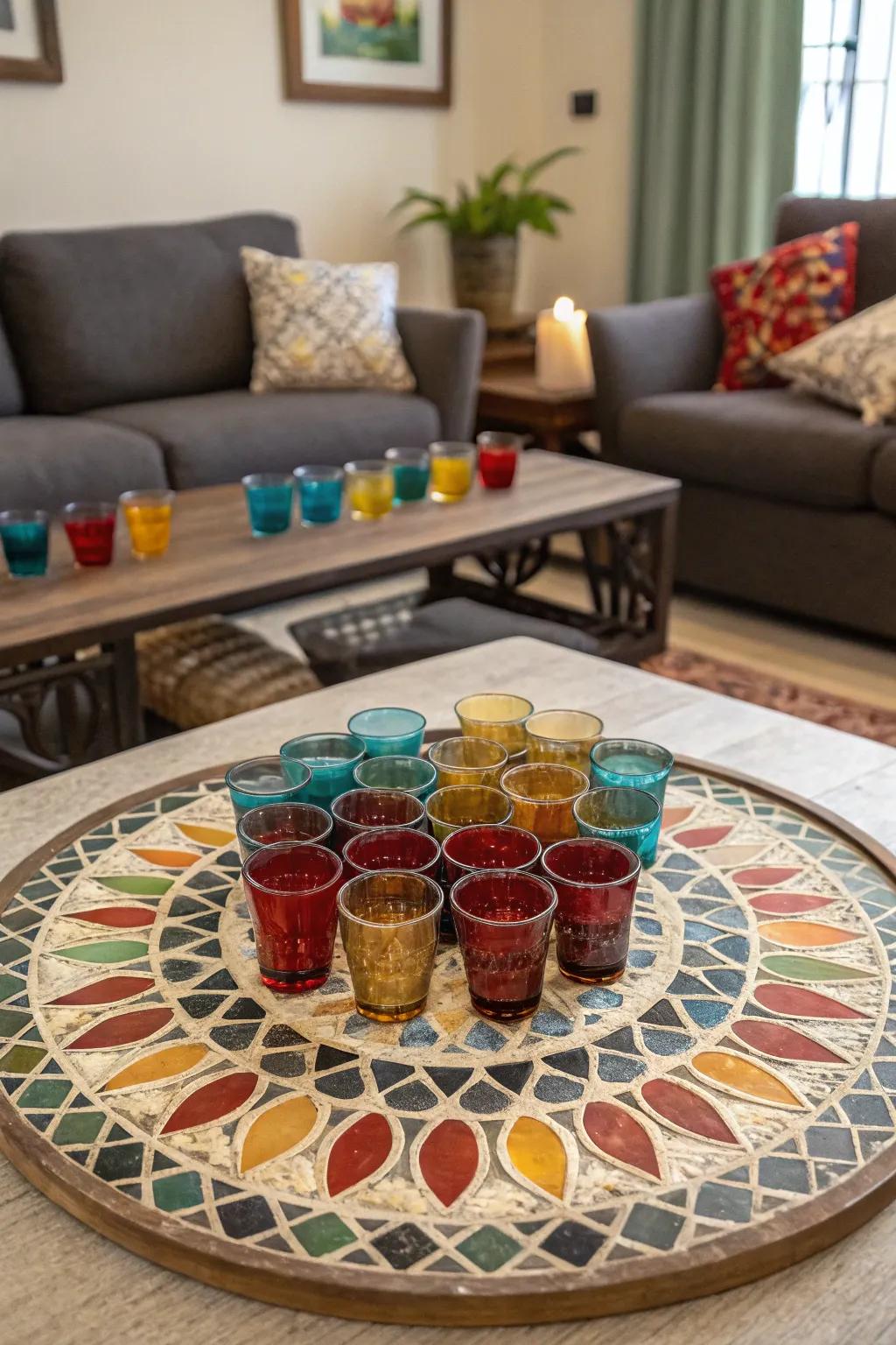 A lounge showcasing a mosaic design of shot glasses as an artistic centerpiece.