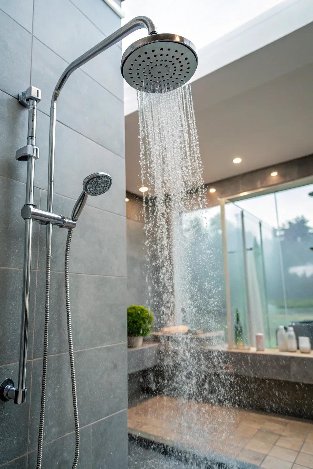 A shower with playful water features like miniature cascades.