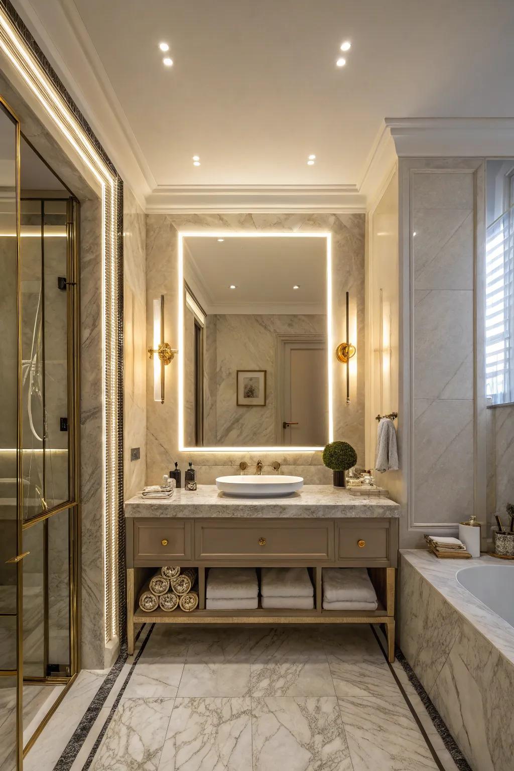 Backlit mirrors impart a delicate, ambient glow in the shower.