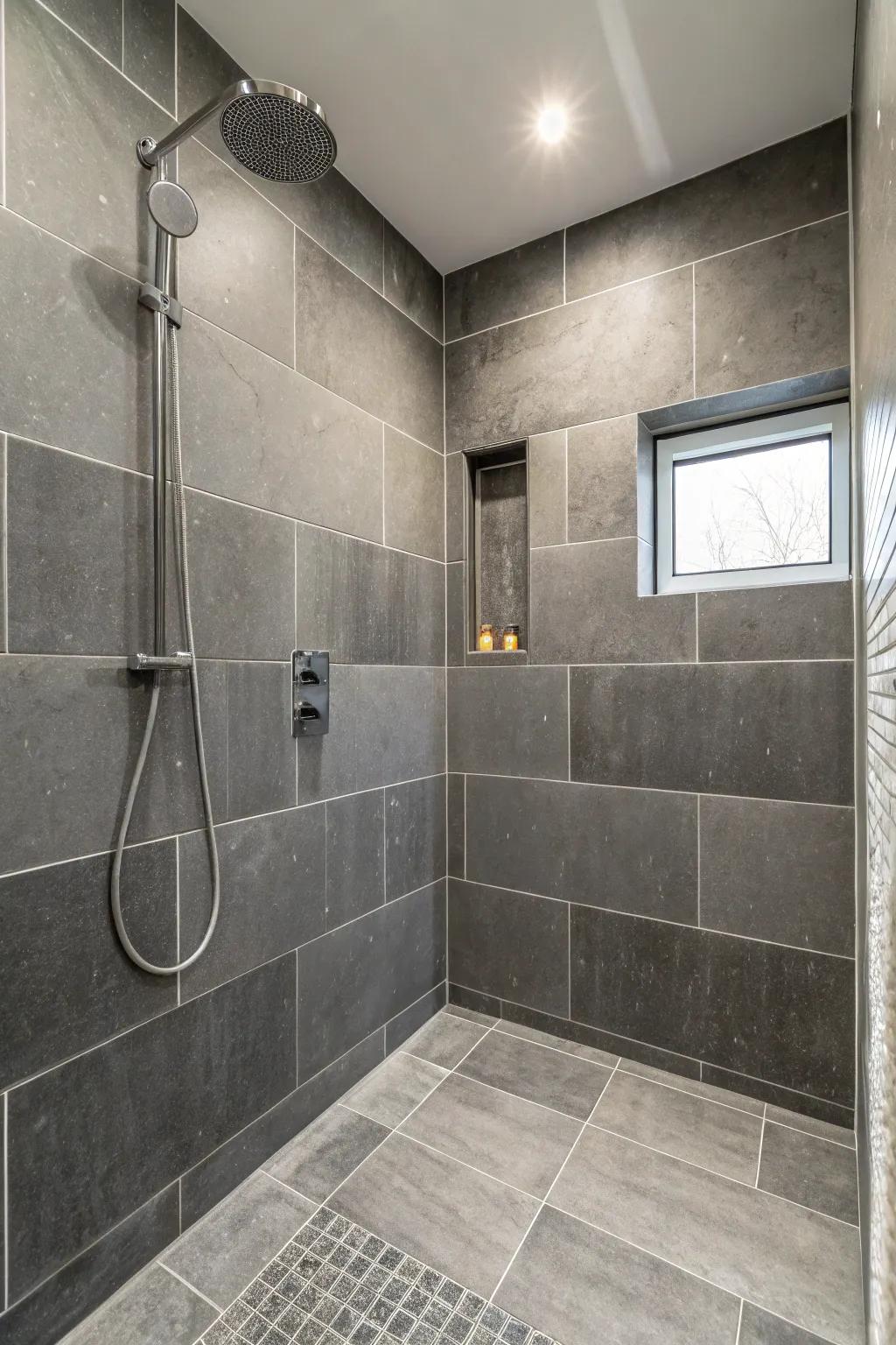 Roomy sensation using broad size grey tiles in a shower.