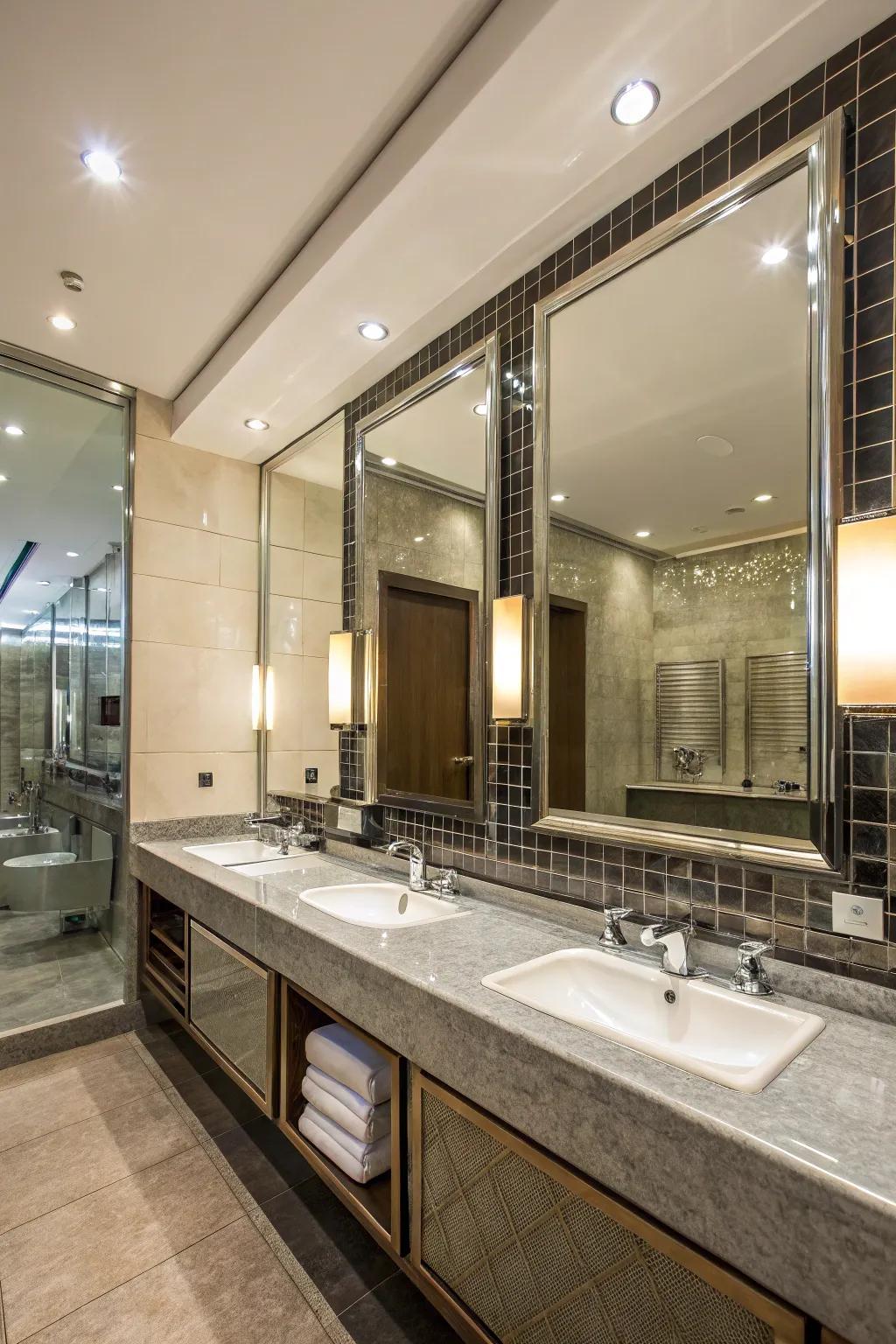 Mirrors that enhance space and light within the restroom.