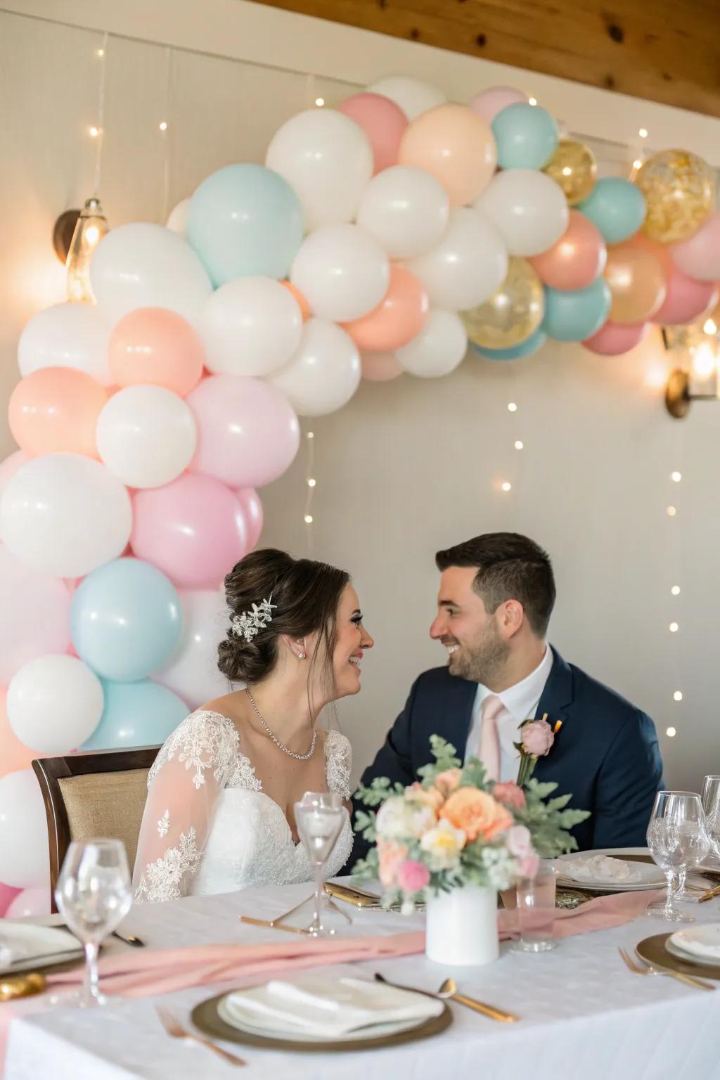 A whimsical air orb garland adorns the bride and groom's table.