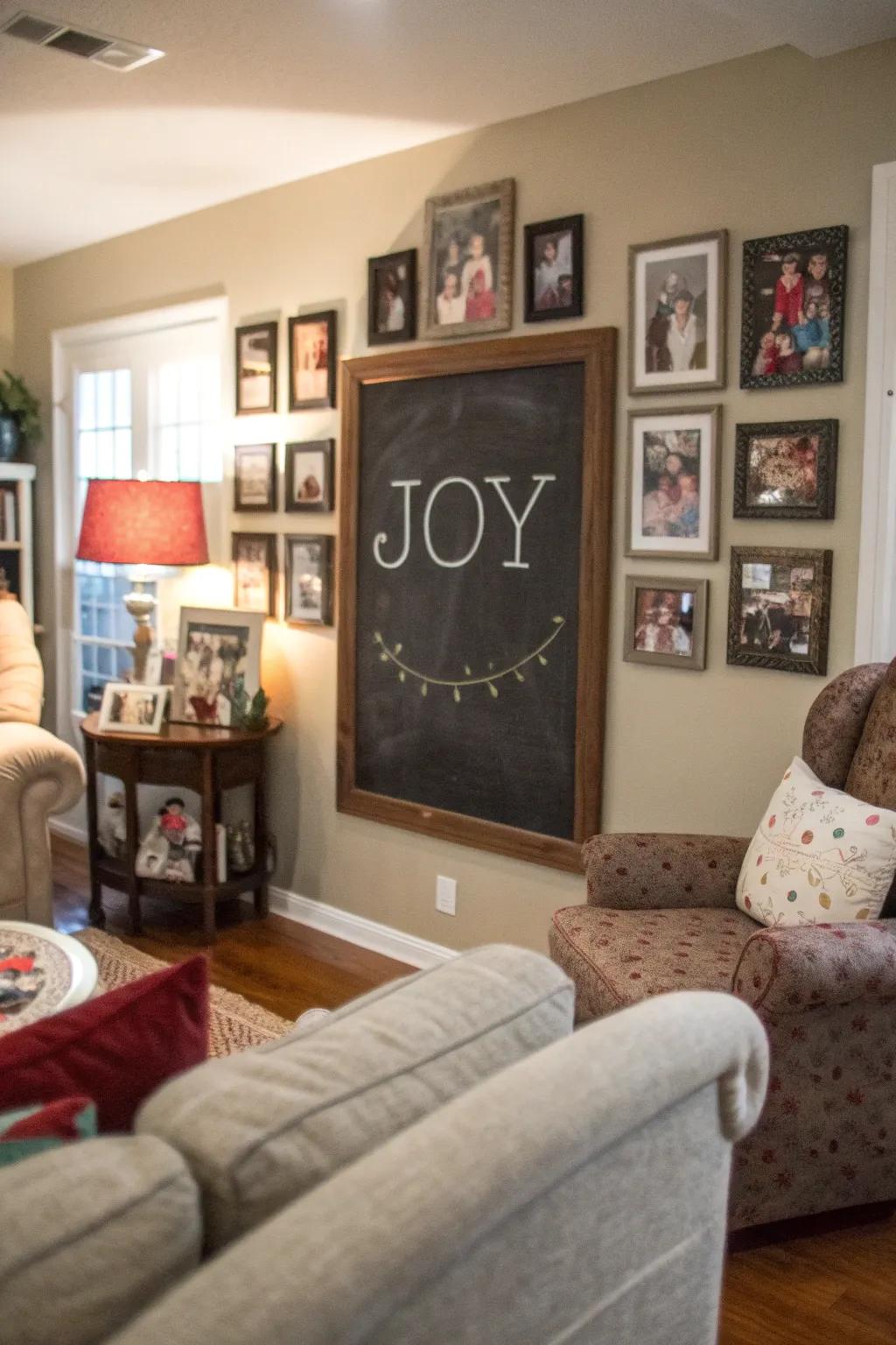 A family room chalkboard featuring a quote about finding joy.