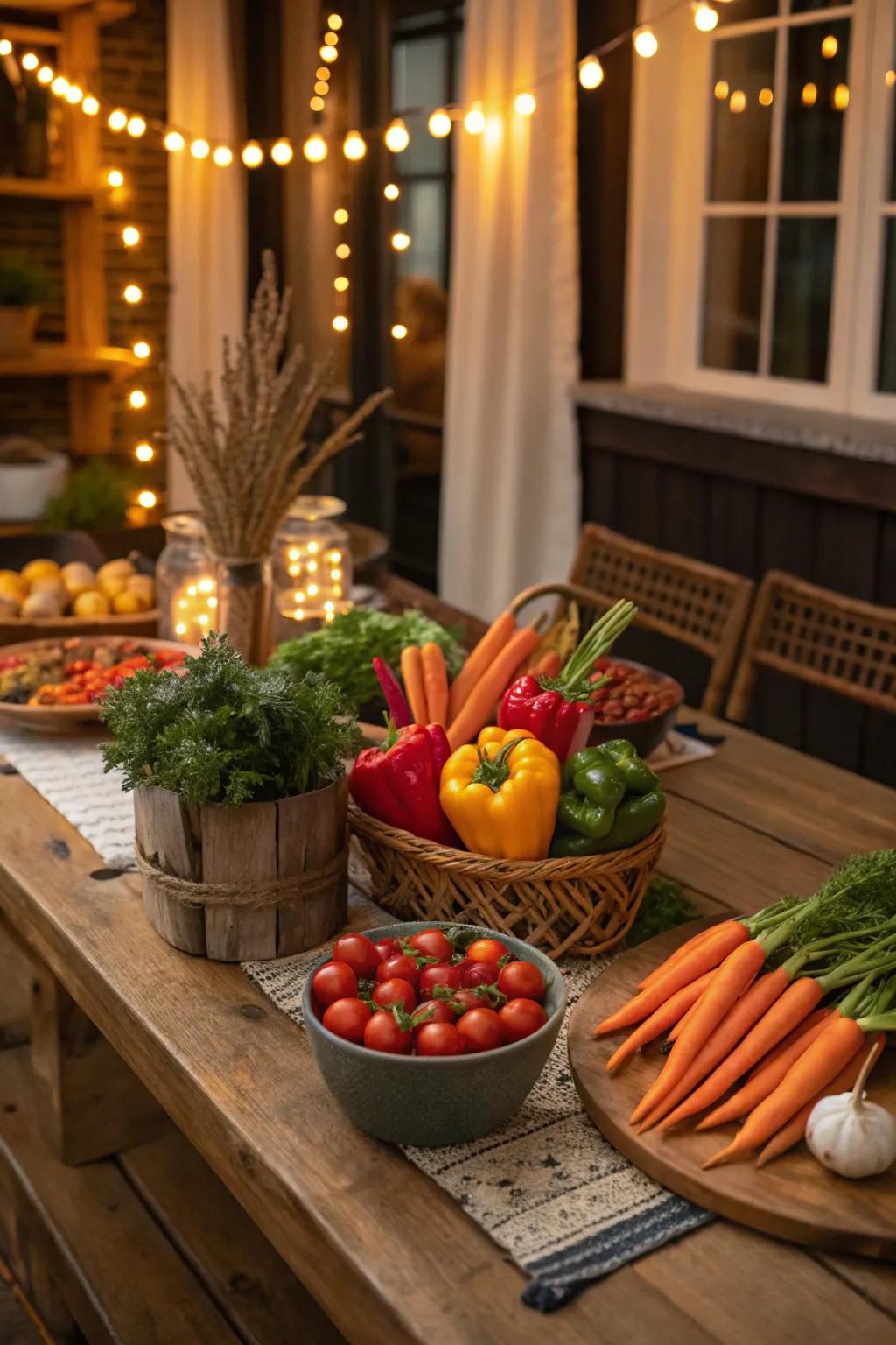 Vibrant garden produce adding energy to a rustic table.