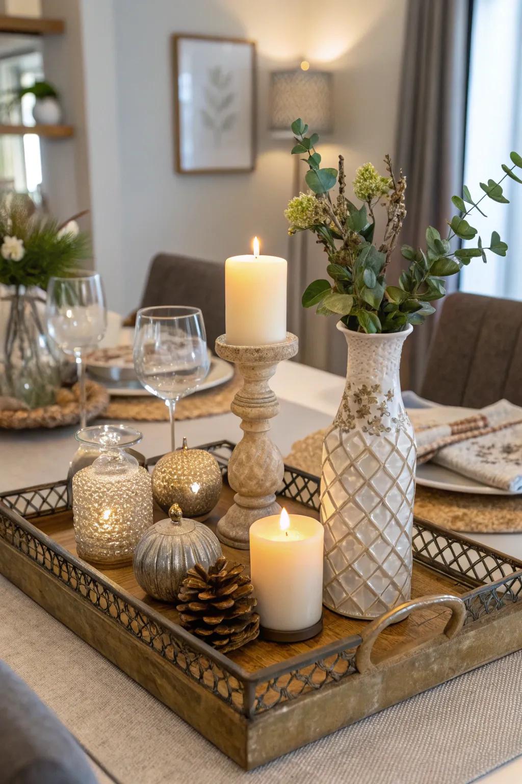 A decorative tray enhances the table setting.