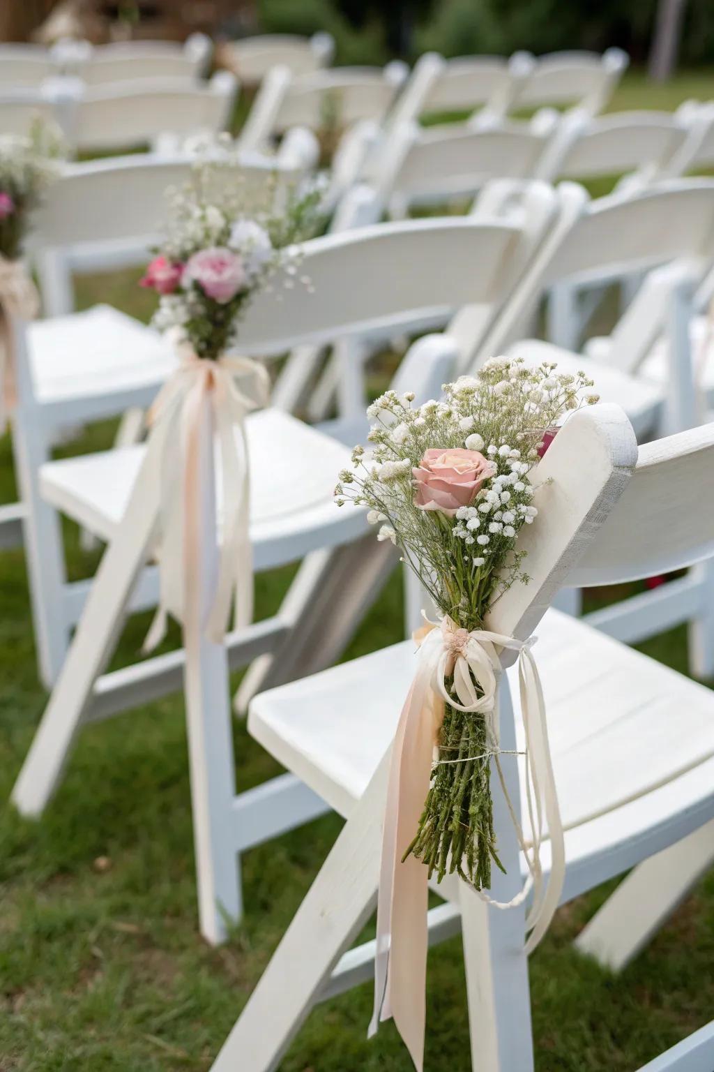 Simple strands and florals elegantly decorate wedding chairs.