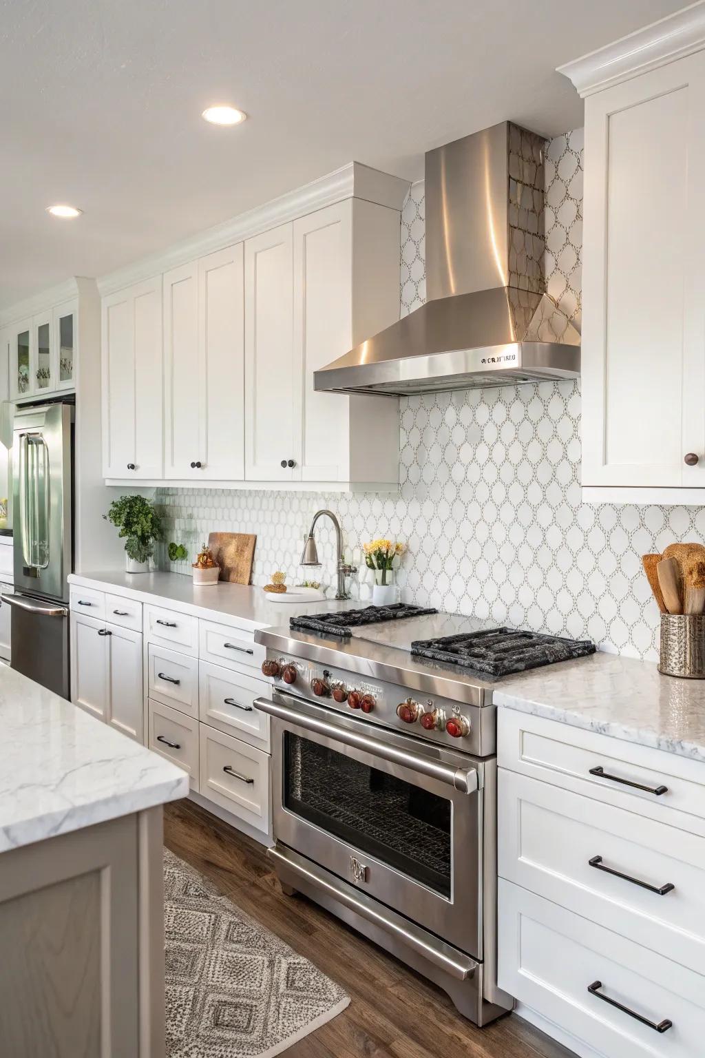 Textural variety enhances the visual appeal of a white kitchen.